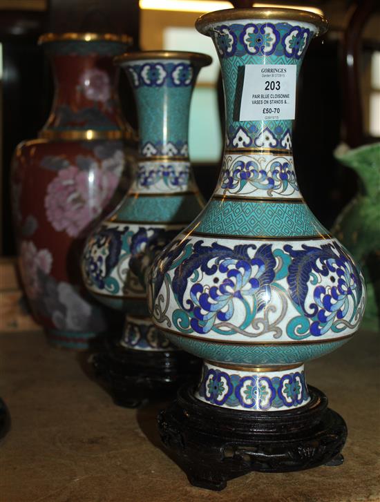 Pair blue cloisonne vases on stands & another